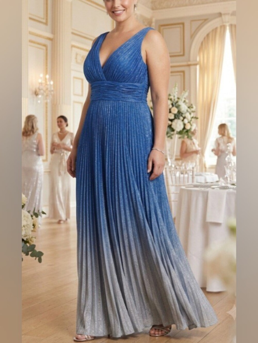 Mac Duggal Pleated Metallic Ombre Gown Blue - Size 12W